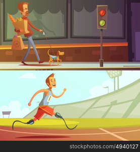 Disabled People Banners. Color cartoon illustration depicting disabled people blind man with dog and runner with prosthesis instead of legs vector illustration