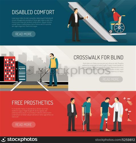 Disabled People Banners Set. Disabled people horizontal banners set with comfort symbols flat isolated vector illustration