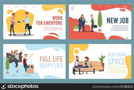 Disabled People Business Career, Job Search, Modern Coworking Office Trendy Flat Vector Web Banners, Landing Pages Set. Happy Disabled Employees, Handshaking and Working Businesspeople Illustration