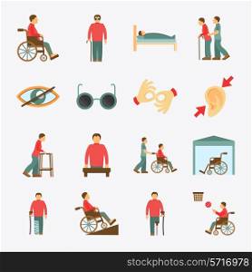 Disabled people care help assistance and accessibility flat icons set isolated vector illustration