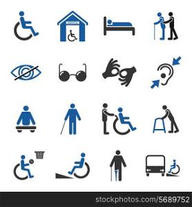 Disabled people care help assistance and accessibility icons set isolated vector illustration