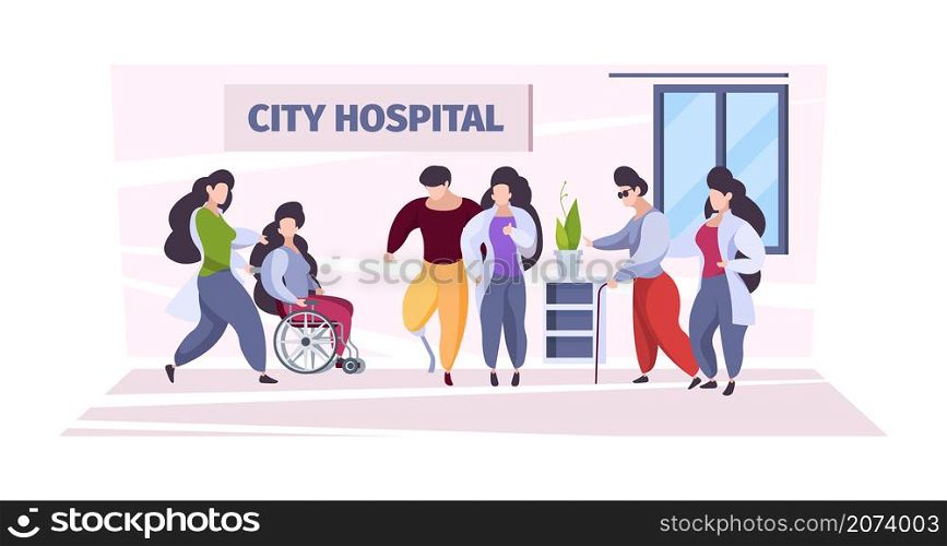 Disabled people care. Medical personal nurses and doctors helping to disabled persons in wheelchairs damages body parts garish vector background. People disabled, nursing medical illustration. Disabled people care. Medical personal nurses and doctors helping to disabled persons in wheelchairs damages body parts garish vector background