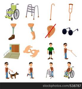 Disabled people care set in cartoon style isolated on white background. Disabled people care set