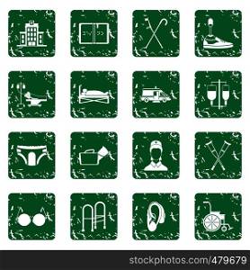Disabled people care set in grunge style green isolated vector illustration. Disabled people care set grunge