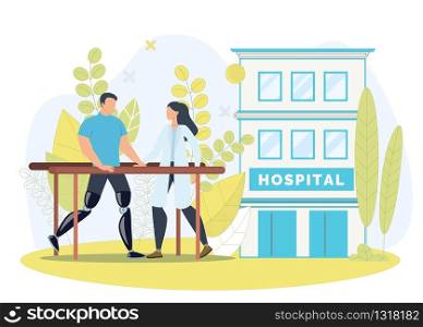 Disabled People Clinical Physiotherapy Trendy Flat Vector Concept. Injured Man Learning to Walk on Leg Prosthesis, Female Nurse or Doctor Helping Disabled Patient in Rehabilitation Center Illustration