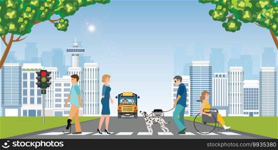Disabled people crossing a crosswalk. Blind man, wheelchair, woman, Urban traffic, safety, rules concept for banner, flat vector illustration. 