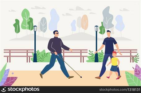 Disabled People Daily Life Mobility Trendy Flat Vector Concept. Blind Man, Person with Visual Impairment, Walking on Street or City Park Path in Black Glasses, Finding Way with Long Cane Illustration