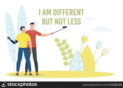 Disabled People Decent Living Trendy Flat Vector Banner, Poster Template. Disabled Male Teenager, Injured Boy with Hand Prosthesis Spending Time, Making Selfie on Smartphone with Friend Illustration. Disabled People Decent Living Flat Vector Banner