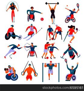 Disabled people during doing sport including gymnastics, archery, skiing, biking, set of flat icons isolated vector illustration. Disabled People Sport Flat Set