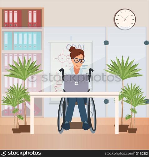 Disabled People Employment, Education and Business Career Opportunities Trendy Flat Vector Concept. Woman in Wheelchair Working on Laptop at Office Workplace, Mailing Female Entrepreneur Illustration