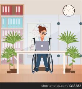 Disabled People Employment, Education and Business Career Opportunities Trendy Flat Vector Concept. Woman in Wheelchair Working on Laptop at Office Workplace, Mailing Female Entrepreneur Illustration