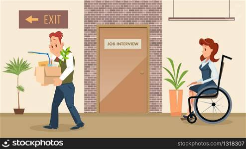 Disabled People Employment Equal Rights and Opportunities Trendy Flat Vector Concept. Woman with Disabilities Waiting for Job Interview, Sad Male Employee Leaving Office After Dismissal Illustration