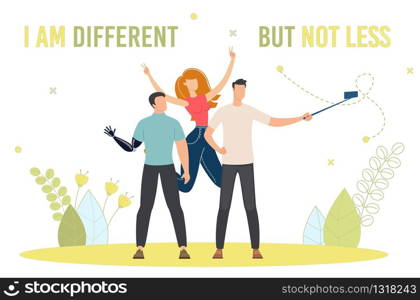 Disabled People Equal Rights, Active Life Trendy Flat Vector Banner, Poster Template. Disabled Man with Hand Prosthesis Spending Time with Friends, Making Selfie Photo for Social Network Illustration