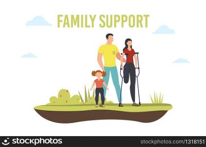 Disabled People Family Support Trendy Flat Vector Banner, Poster Template. Woman with Leg Amputation Spending Time with Relatives, Husband and Daughter Helping Disabled Wife on Crutches Illustration