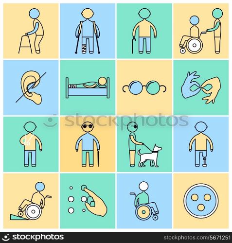 Disabled people flat line icons set isolated vector illustration
