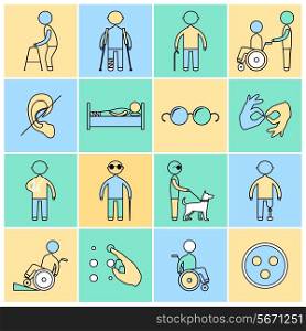Disabled people flat line icons set isolated vector illustration