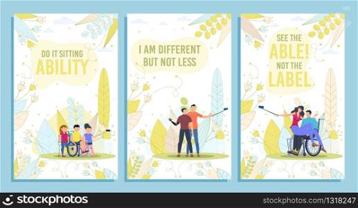 Disabled People Fulfilling Life, Happy Relationships and Social Activity Trendy Flat Vector Vertical Banners, Posters Set. Group or Children with Disabilities, Injured Men Making Selfie Illustration