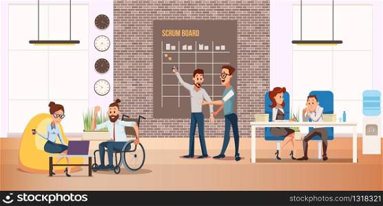 Disabled People Full Life and Self-Realization Trendy Flat Vector Concept. Happy and Positive Man in Wheelchair Working in Coworking Office, Taking Part in Business Startup Development Illustration