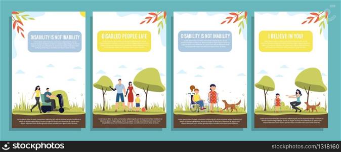 Disabled People Happy Life, Positive Mindset, Family Support Trendy Flat Vector Vertical Banners, Posters Template Set. Disabled Adults and Children Resting with Family and Friend in Park Illustration
