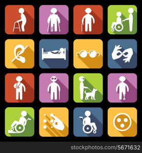 Disabled people help flat icons set isolated vector illustration