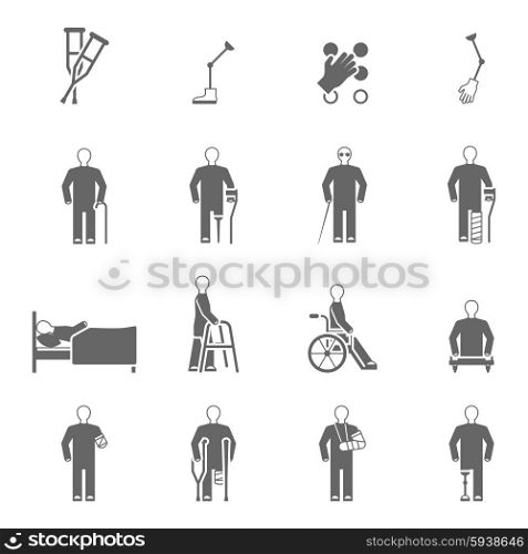 Disabled People Icons Set. Disabled people black white icons set with damaged limbs prosthesis and canes symbols flat isolated vector illustration