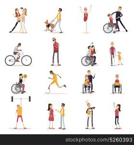 Disabled People Icons Set. Disabled people icons set with sports and leisure symbols flat isolated vector illustration