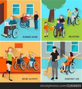 Disabled People Icons Set. Disabled people icons set with wheelchair and sports symbols flat isolated vector illustration