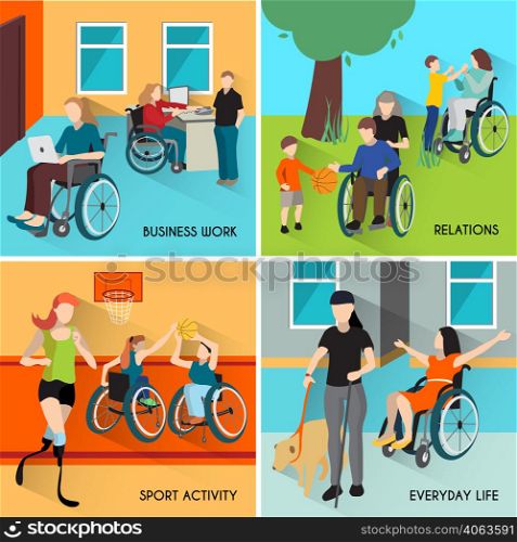 Disabled people icons set with wheelchair and sports symbols flat isolated vector illustration. Disabled People Icons Set
