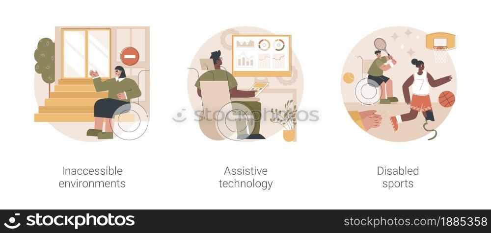 Disabled people in social environment abstract concept vector illustration set. Inaccessible environments, assistive technology, disabled sports, public place access, parasport abstract metaphor.. Disabled people in social environment abstract concept vector illustrations.