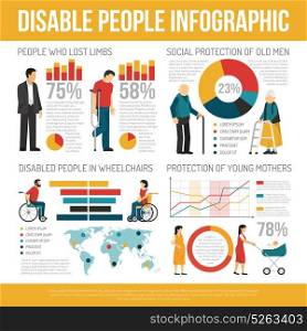 Disabled People Infographic Set. Disabled people infographic set with social protection symbols flat vector illustration
