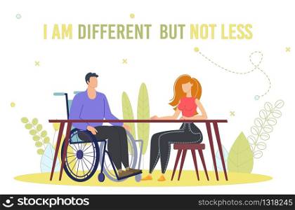 Disabled People Integration Into Society Trendy Flat Vector Banner, Poster Template. Man with Disability, Paralyzed Guy on Wheelchair, Disabled Man Sitting at Desk and Talking with Woman Illustration