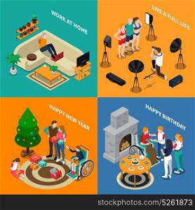 Disabled People Isometric Compositions. Disabled people isometric compositions with work at home, family seasonable holidays, live full life isolated vector illustration