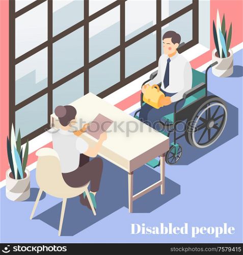 Disabled people isometric poster with female manager talking to male person in wheelchair in office interior vector illustration