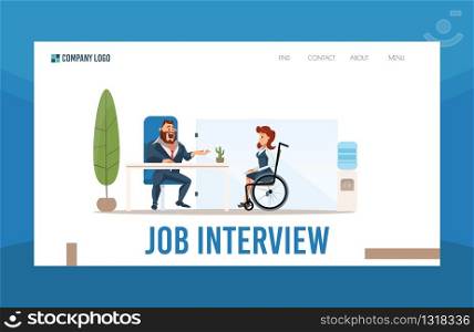 Disabled People Job Search, Employment Support, Counseling Service Trendy Flat Vector Web Banner, Landing Page. Businessman, HR Manager Conducting Job Interview with Woman in Wheelchair Illustration