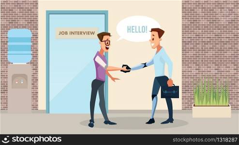 Disabled People New Job Opportunities Thanks to New Technologies Trendy Flat Vector Concept. Company Human Resources Manager, Boss Welcoming Man with Disabilities and Robotic Prosthesis Illustration