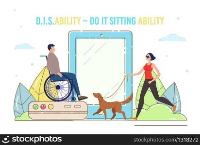 Disabled People New Opportunities in Digital Era Trendy Flat Vector Banner, Poster Template. Paralyzed Man on Wheelchair, Blind Woman Walking with Guide Dog, Using Modern Digital Devices Illustration
