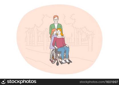 Disabled people on wheelchair living happy active lifestyle concept. Happy young woman mother on wheelchair enjoying company of her children during walk in park outdoors in summer illustration . Disabled people on wheelchair living happy active lifestyle concept