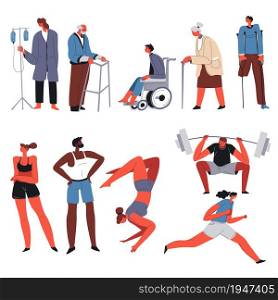 Disabled people on wheelchairs needing care and treatment compared with healthy and sound sportsmen practicing and working out. Handicap vs strong characters in gymnasium. Vector in flat style. Inequality of people, disability and sportsmen