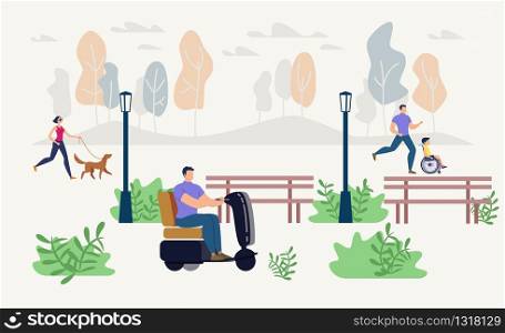 Disabled People Outdoor Recreation and Leisure Trendy Flat Vector Concept. Disabled Man on Electric Scooter, Boy on Wheelchair, Blind Woman with Guide Dog Spending Time, Walking in Park Illustration. Disabled People Outdoor Recreation Vector Concept