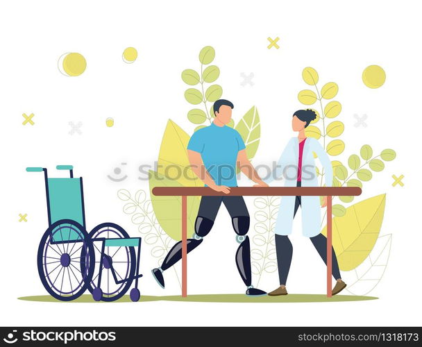 Disabled People Physical and Functional Rehabilitation, Recovery After Injury Trendy Flat Vector Concept. Injured Man with Leg Amputations Training, Learning to Walk with Prosthesis Illustration