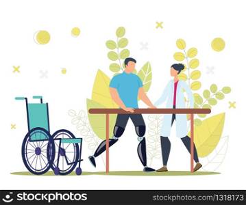 Disabled People Physical and Functional Rehabilitation, Recovery After Injury Trendy Flat Vector Concept. Injured Man with Leg Amputations Training, Learning to Walk with Prosthesis Illustration