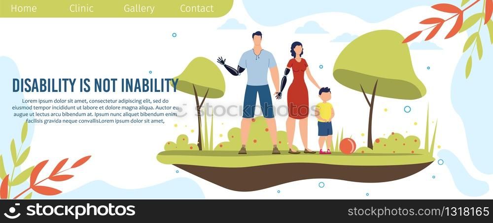 Disabled People Physical and Psychological Rehabilitation Program or Course Trendy Flat Vector Web Banner, Landing Page Template. Man and Woman with Hand Prosthesis Spending Time with Son Illustration