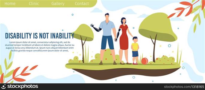 Disabled People Physical and Psychological Rehabilitation Program or Course Trendy Flat Vector Web Banner, Landing Page Template. Man and Woman with Hand Prosthesis Spending Time with Son Illustration