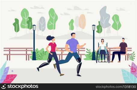 Disabled People Physical Rehabilitation, Healthy Lifestyle and Recreation Trendy Flat Vector Concept. Man and Woman with Disabilities, People with Leg Prosthesis Running, Jogging in Park Illustration