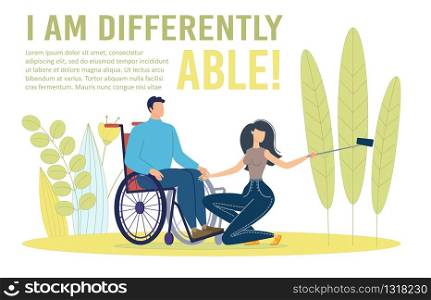 Disabled People Positive Thinking, Active Life Position Trendy Flat Vector Banner, Poster Template. Man with Disabilities, Injured Husband in Wheelchair Making Selfie with Wife or Friend Illustration