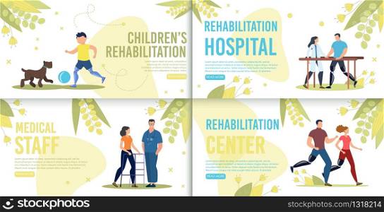 Disabled People Professional Rehabilitation in Modern Hospital Trendy Flat Vector Horizontal Web Banners, Landing Pages Set. Disabled Child and Couple Resting Outdoor, Doctor with Patient Illustration
