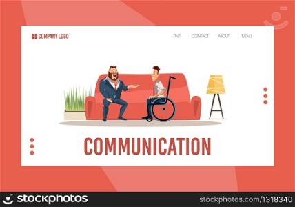 Disabled People Psychological Help and Supporting for Adaptation in Society Trendy Flat Vector Web Banner, Landing Page. Man in Business Suit Talking with Disabled Guy in Wheelchair Illustration