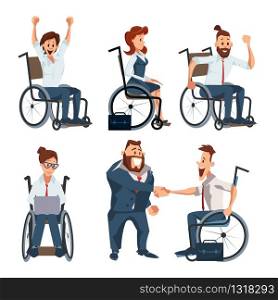 Disabled People Reaching Success in Business Career Trendy Flat Vector Character Set Isolated on White Background. Happy Businesspeople Working on Laptop, Taking Congratulation from Boss Illustration
