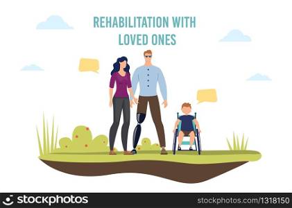 Disabled People Rehabilitation and Family Support Trendy Flat Vector Banner, Poster Template. Father with Disability and Leg Prosthesis, Injured Boy in Wheelchair Spending Time Together Illustration