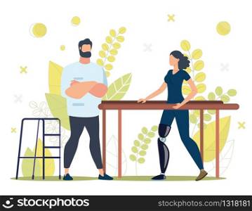 Disabled People Rehabilitation Trendy Flat Vector Concept. Woman with Disability, Learning to Walk on Prosthesis After Leg Amputation, Male Therapist Helping Patient on Parallel Bars Illustration